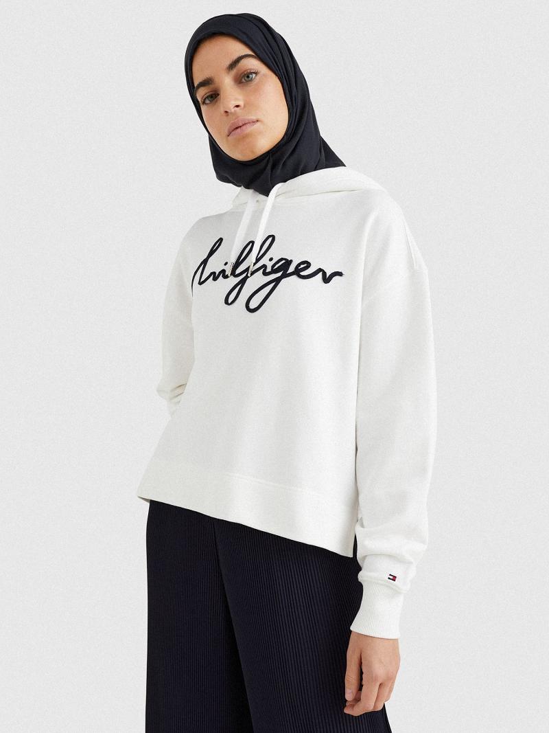 Női Tommy Hilfiger Script Logo Hoodies Fehér | HU 162UZG